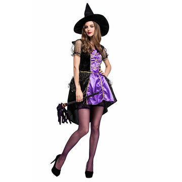 Halloween Disfraz Bruja Cosplay Vestido de Color Púrpura con Sombrero para Adultos Femenino